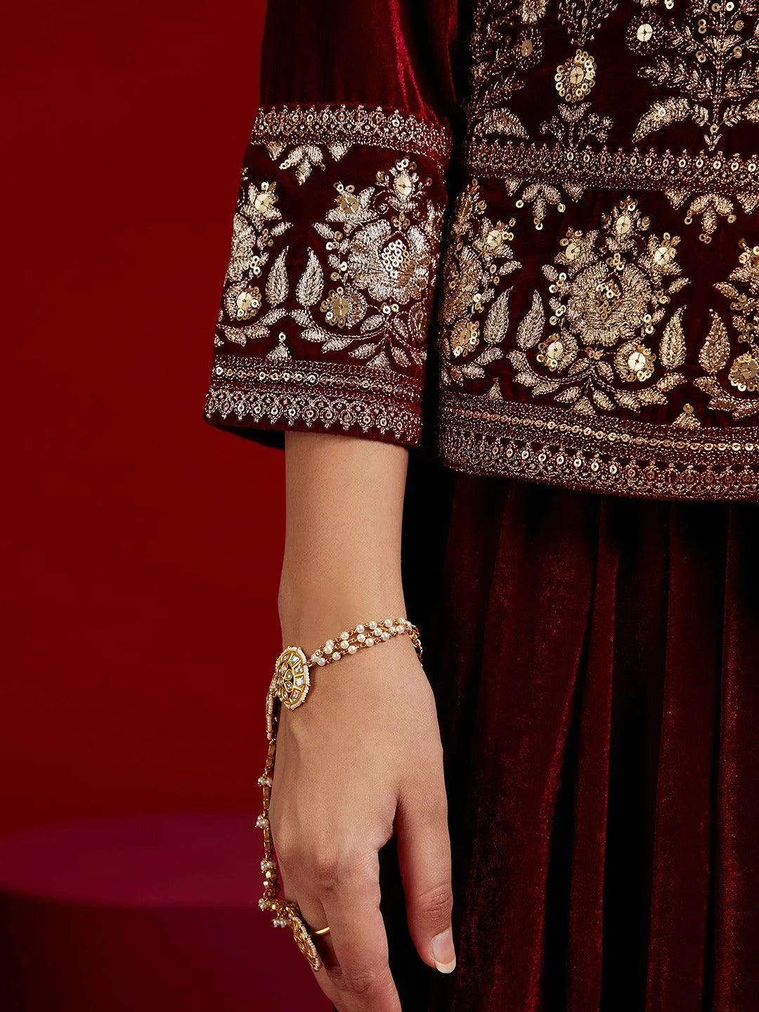Libas Art Maroon Embroidered Velvet Straight Kurti With Dhoti Pants & Dupatta - Libas 