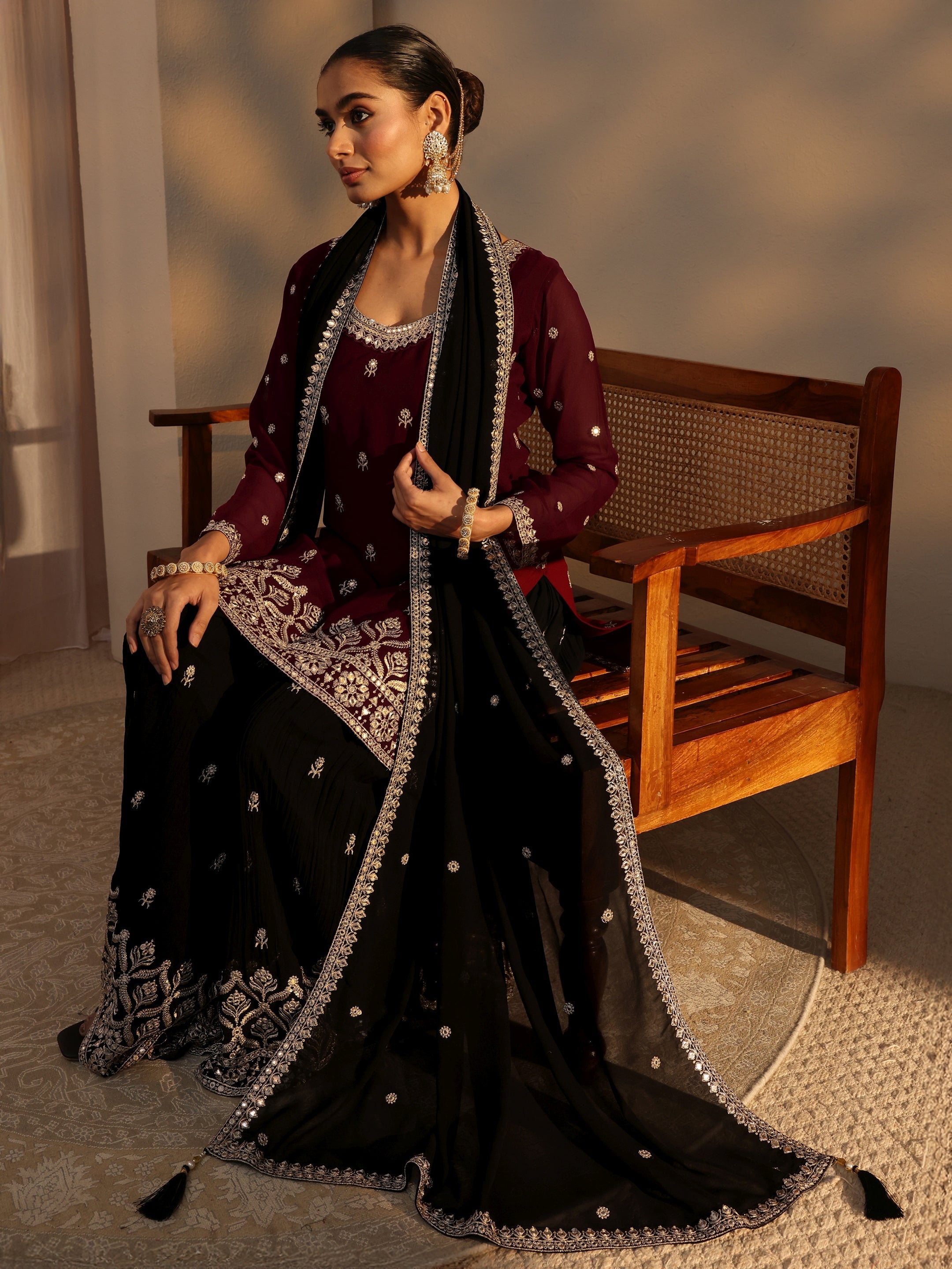 Libas Art Maroon Floral Embroidered Georgette Straight Suits Set With Dupatta-picture-25