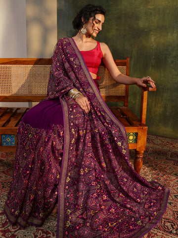 Libas Art Maroon Jamawar Embroidered Georgette Saree With Unstitched Blouse Piece