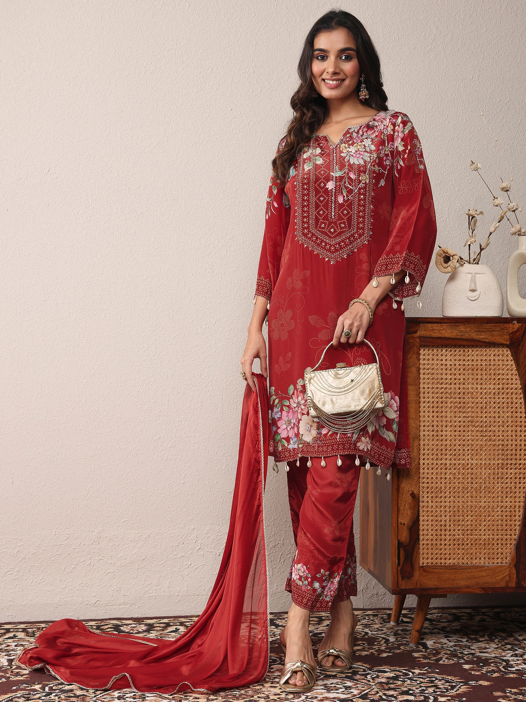  Libas Art Maroon Printed Silk Crepe Straight Suit Set With Dupatta 