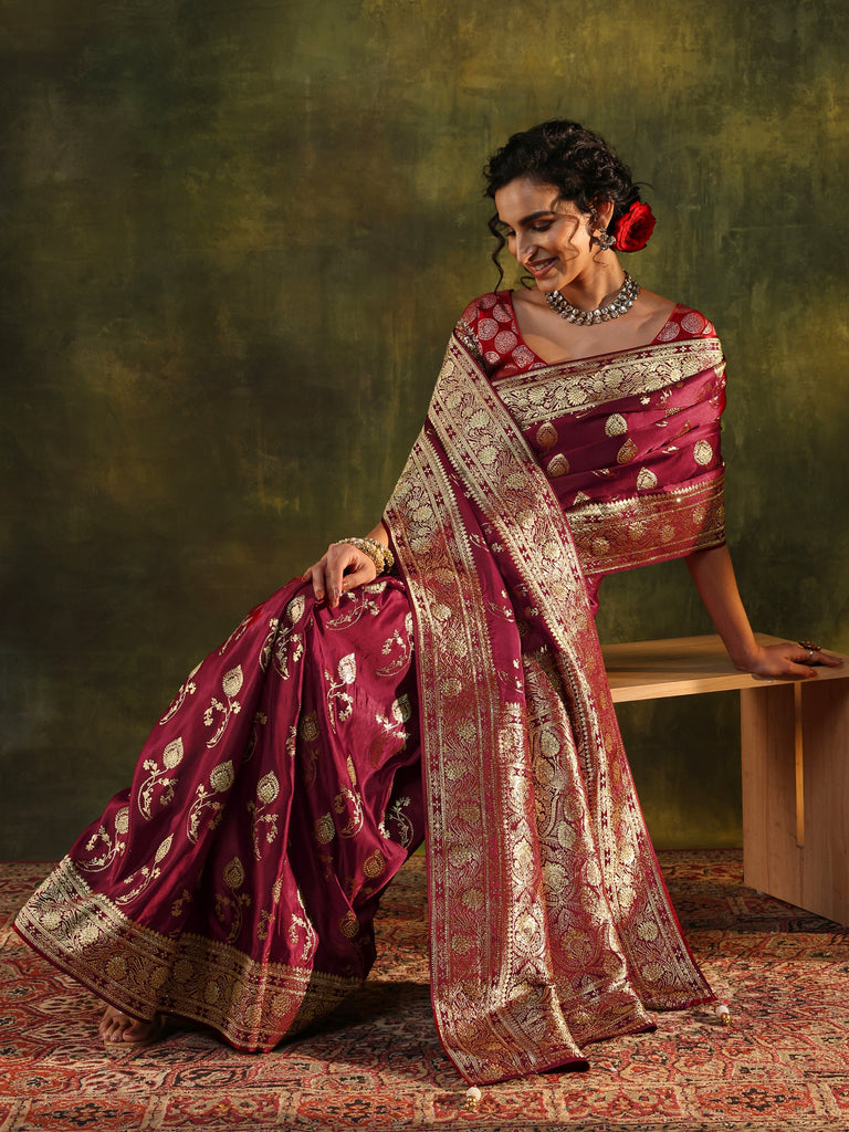 Libas Art Maroon Woven Design Silk Blend Banarasi Saree With Unstitched Blouse Piece