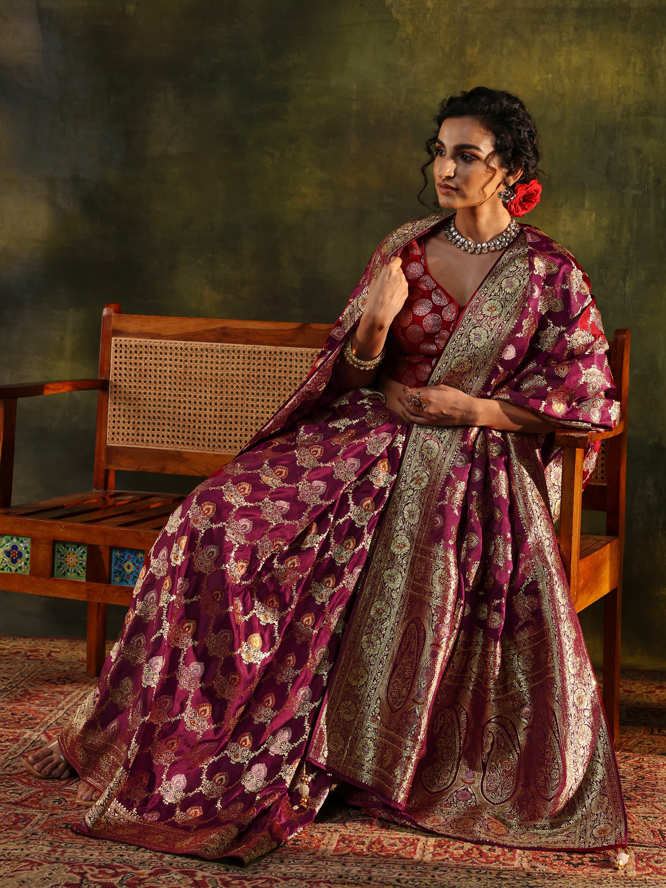 Libas Art Maroon Woven Design Silk Blend Banarasi Saree With Unstitched Blouse Piece-image-42