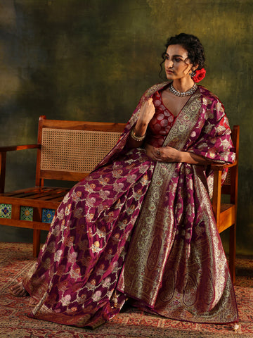Libas Art Maroon Woven Design Silk Blend Banarasi Saree With Unstitched Blouse Piece