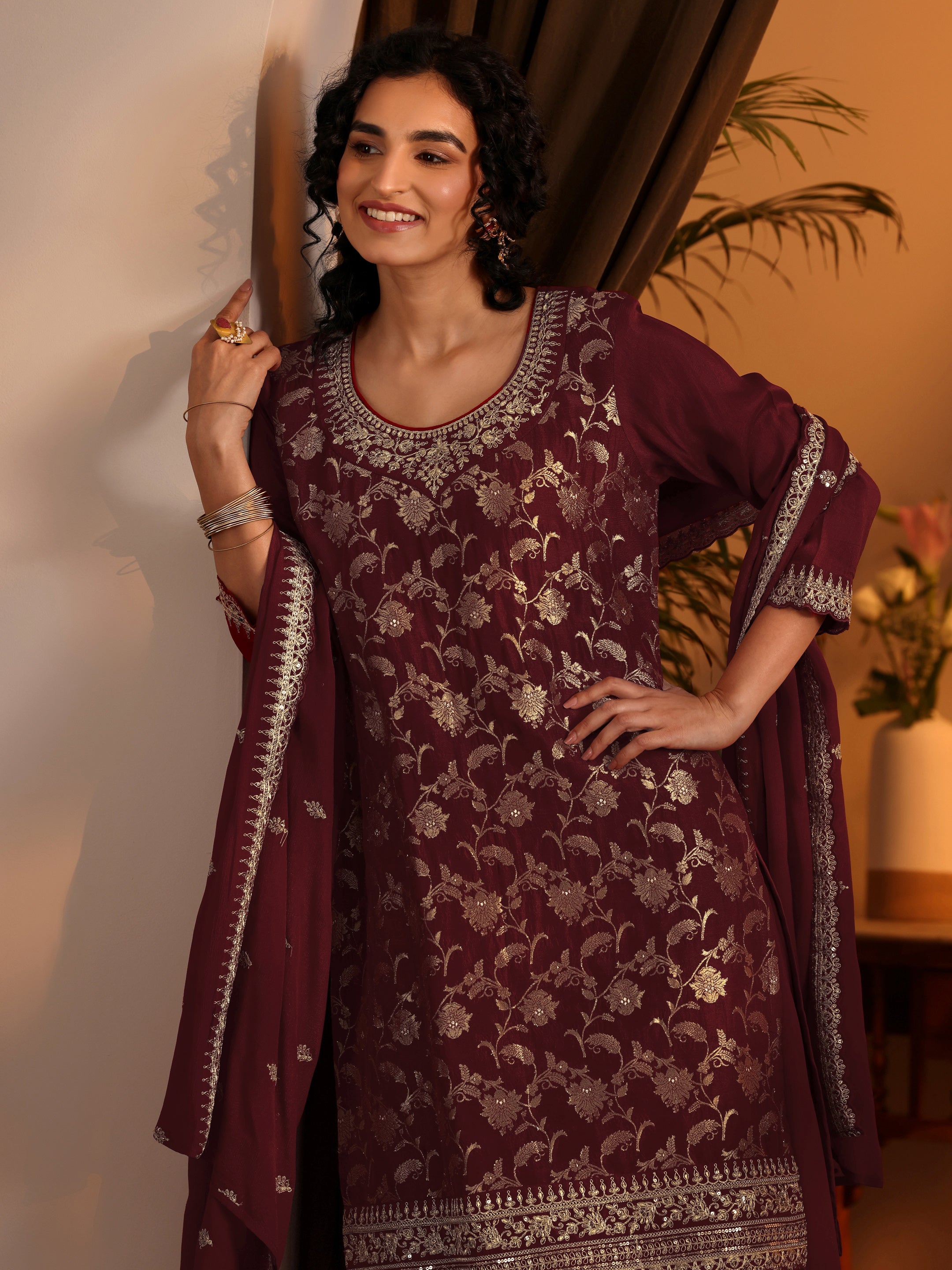 libas Maroon Woven Design Silk Blend Straight Suit Set With Dupatta-picture-51
