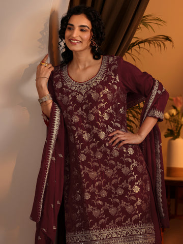 Maroon Woven Design Silk Blend Straight Suit Set With Dupatta