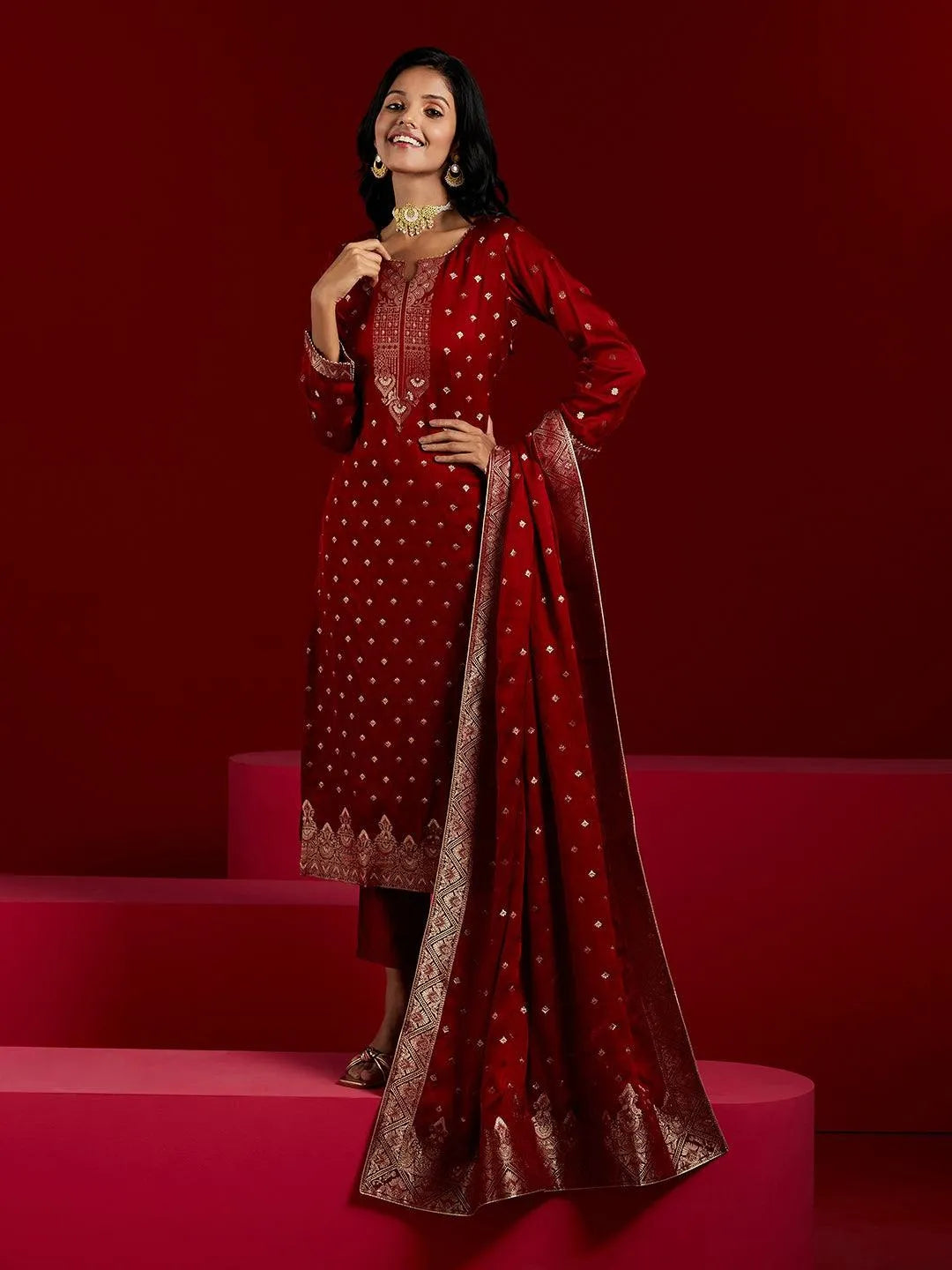 Libas Art Maroon Woven Design Silk Straight Kurta With Trousers & Dupatta - Libas