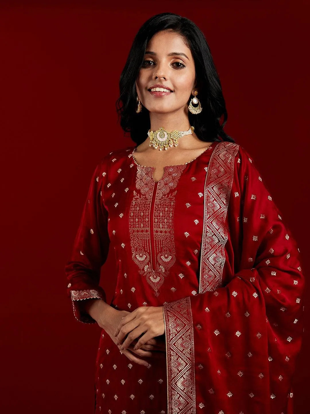 Libas Art Maroon Woven Design Silk Straight Kurta With Trousers & Dupatta - Libas 