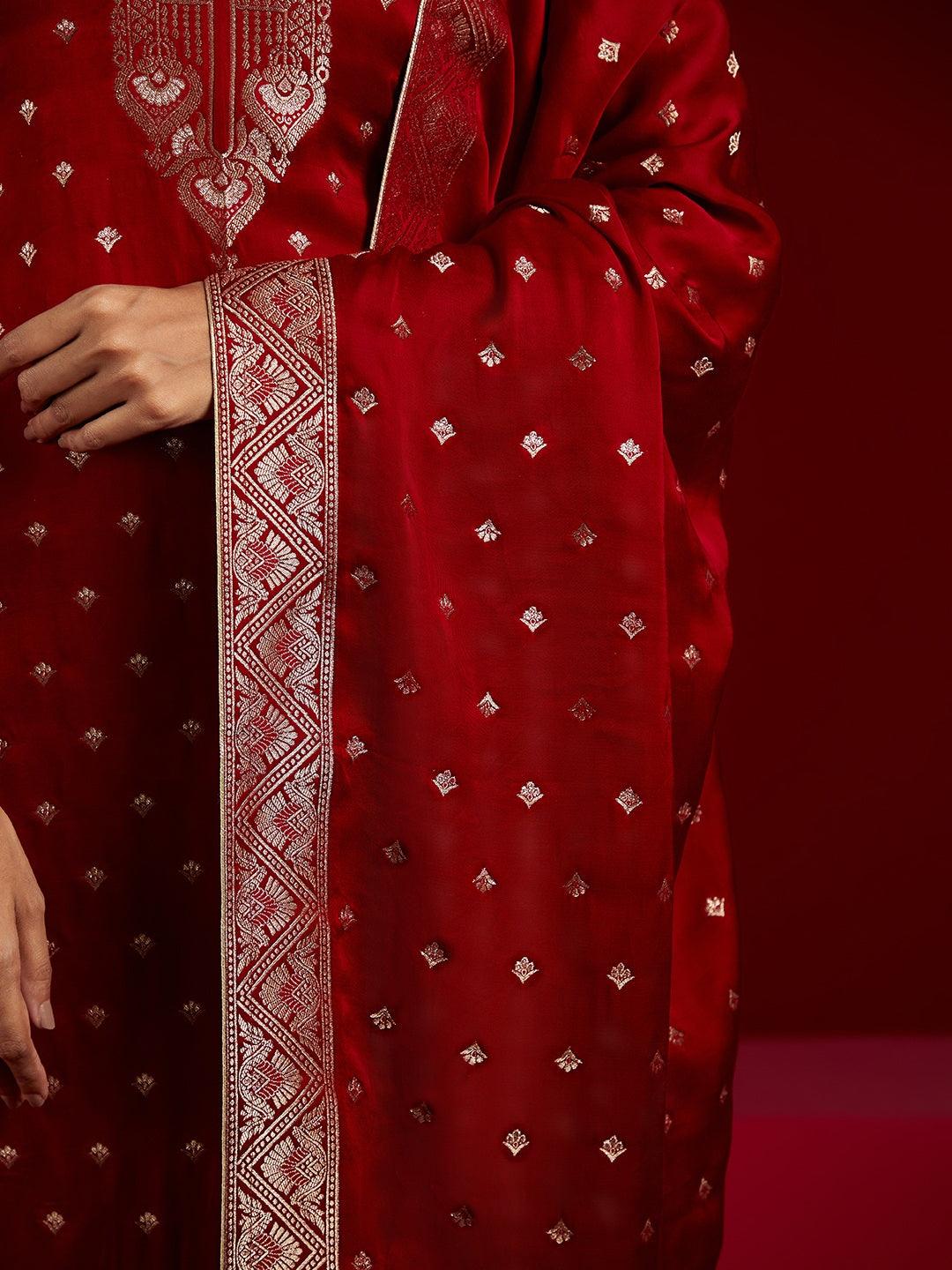 Libas Art Maroon Woven Design Silk Straight Suit With Dupatta