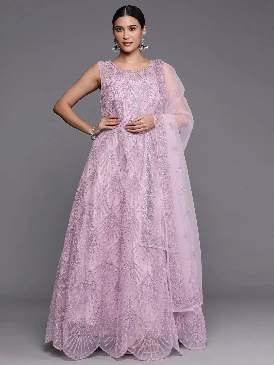 Libas Art Mauve Embellished Net Gown Dress With Dupatta - Libas