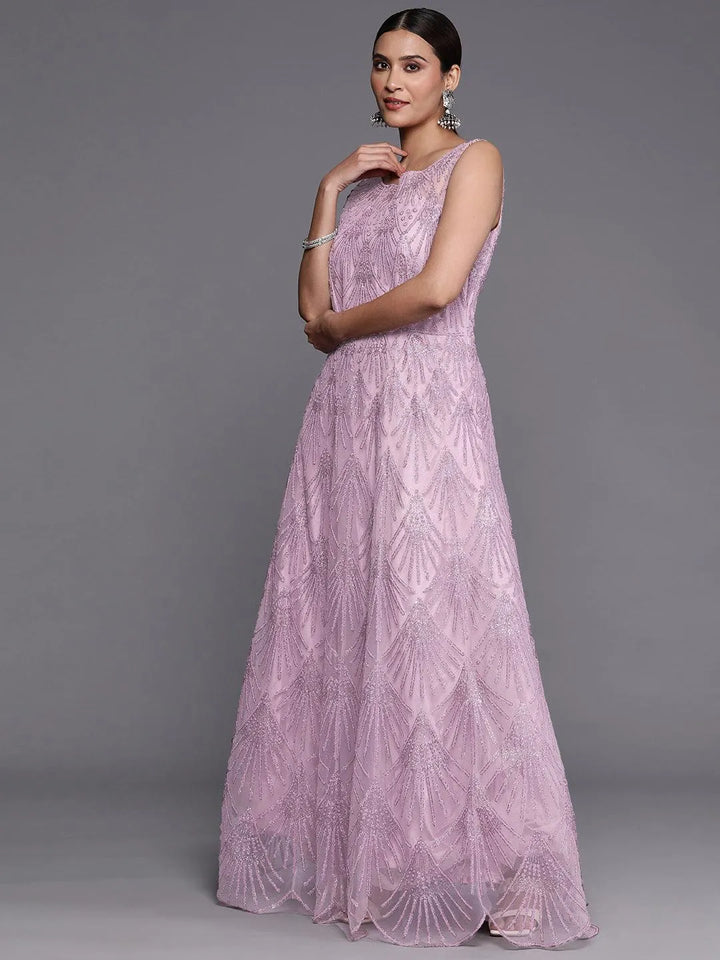 Libas Art Mauve Embellished Net Gown Dress With Dupatta - Libas