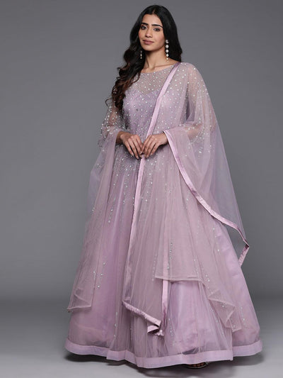 Libas Art Mauve Embellished Polyester Gown With Dupatta - Libas