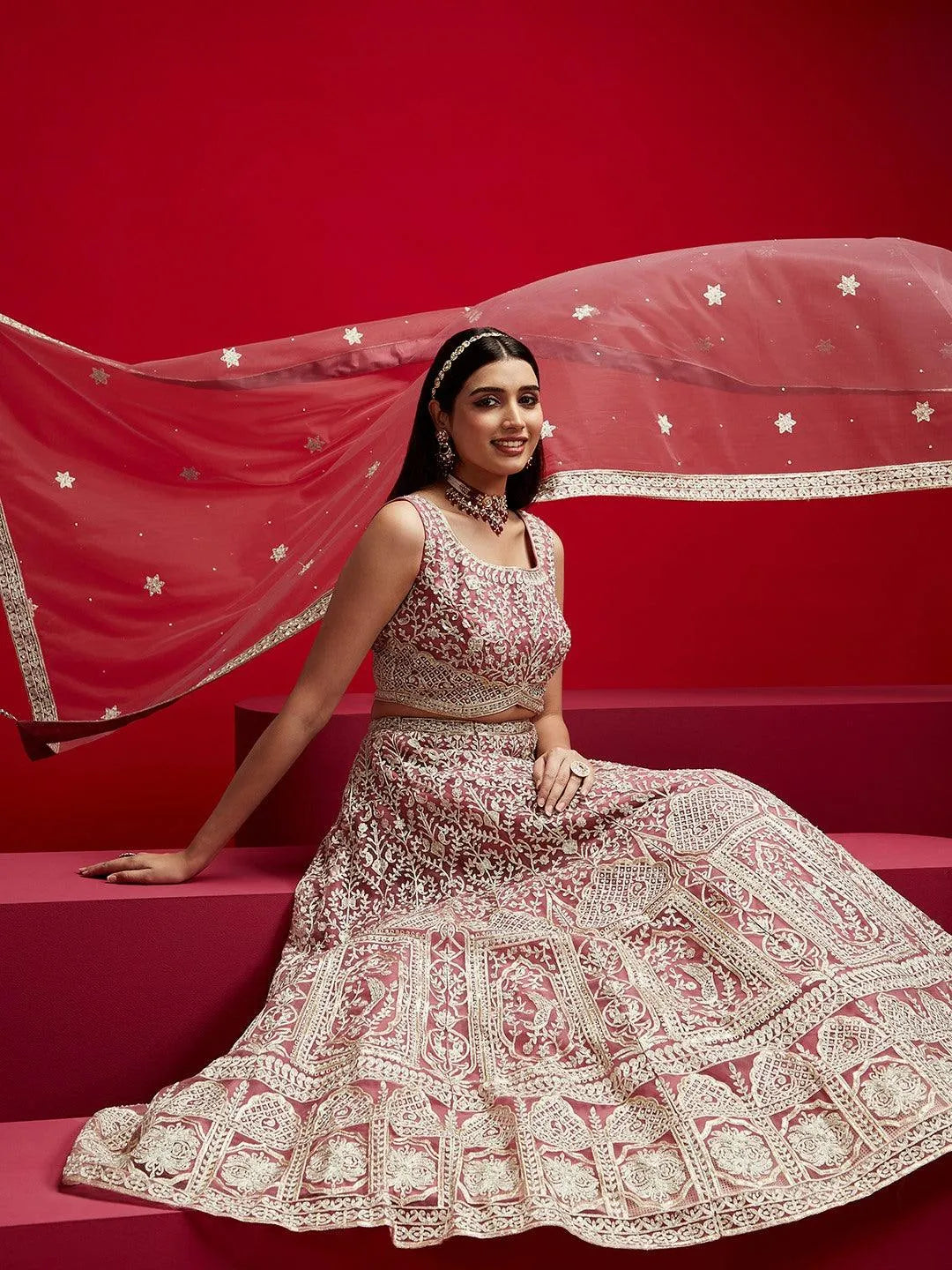 Libas Art Mauve Embroidered Net Lehenga Set - Libas 