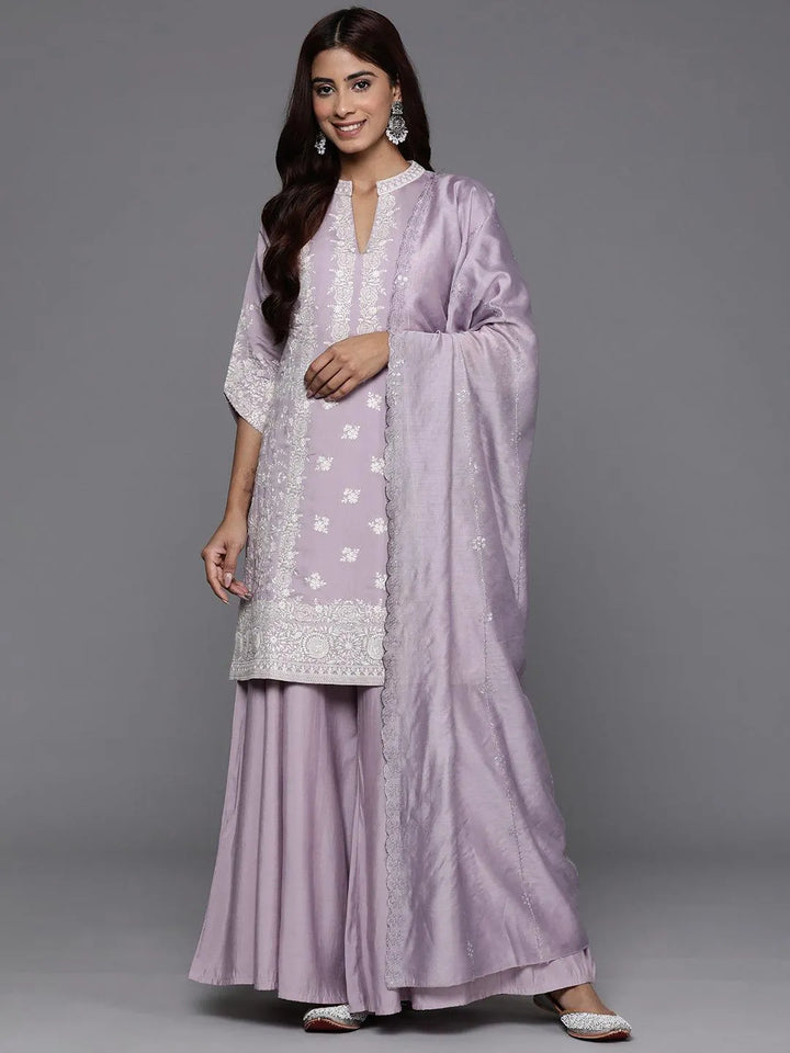 Libas Art Mauve Embroidered Silk Blend Straight Kurta With Palazzos & Dupatta - Libas