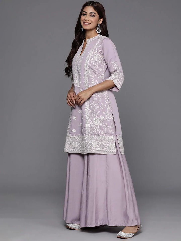 Libas Art Mauve Embroidered Silk Blend Straight Kurta With Palazzos & Dupatta - Libas