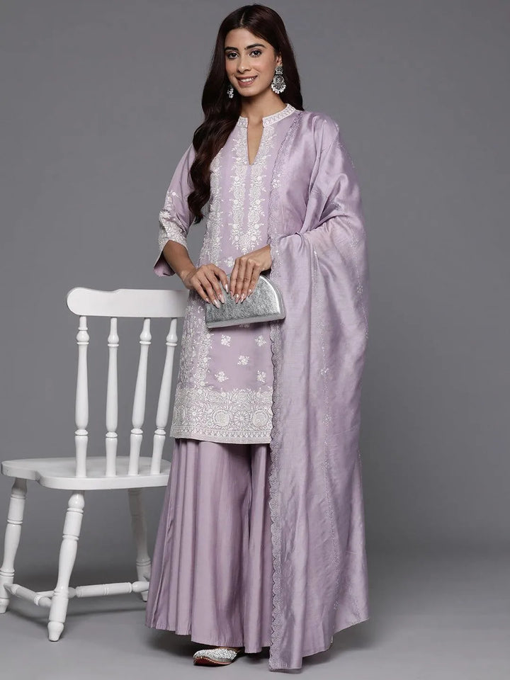 Libas Art Mauve Embroidered Silk Blend Straight Kurta With Palazzos & Dupatta - Libas