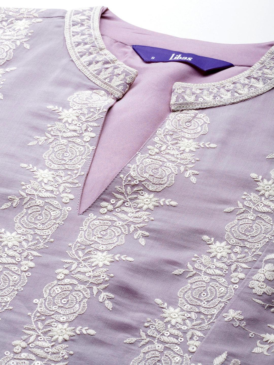 Libas Art Mauve Embroidered Silk Blend Straight Kurta With Palazzos & Dupatta - Libas