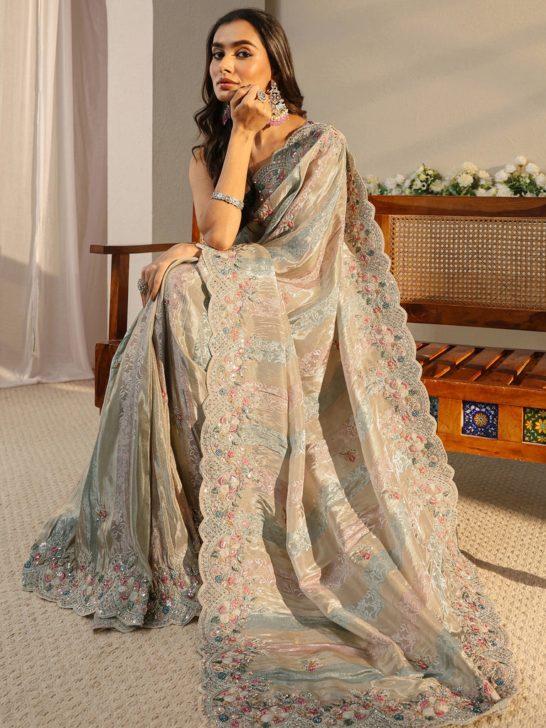 Libas Art Multi Floral Embroidered Tissue Saree With Unstitched Blouse Piece