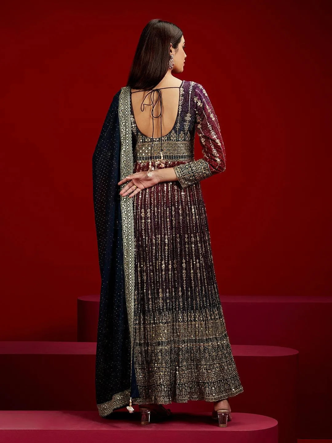 Libas Art Multicoloured Embroidered Georgette A-Line Kurta With Trousers & Dupatta - Libas 
