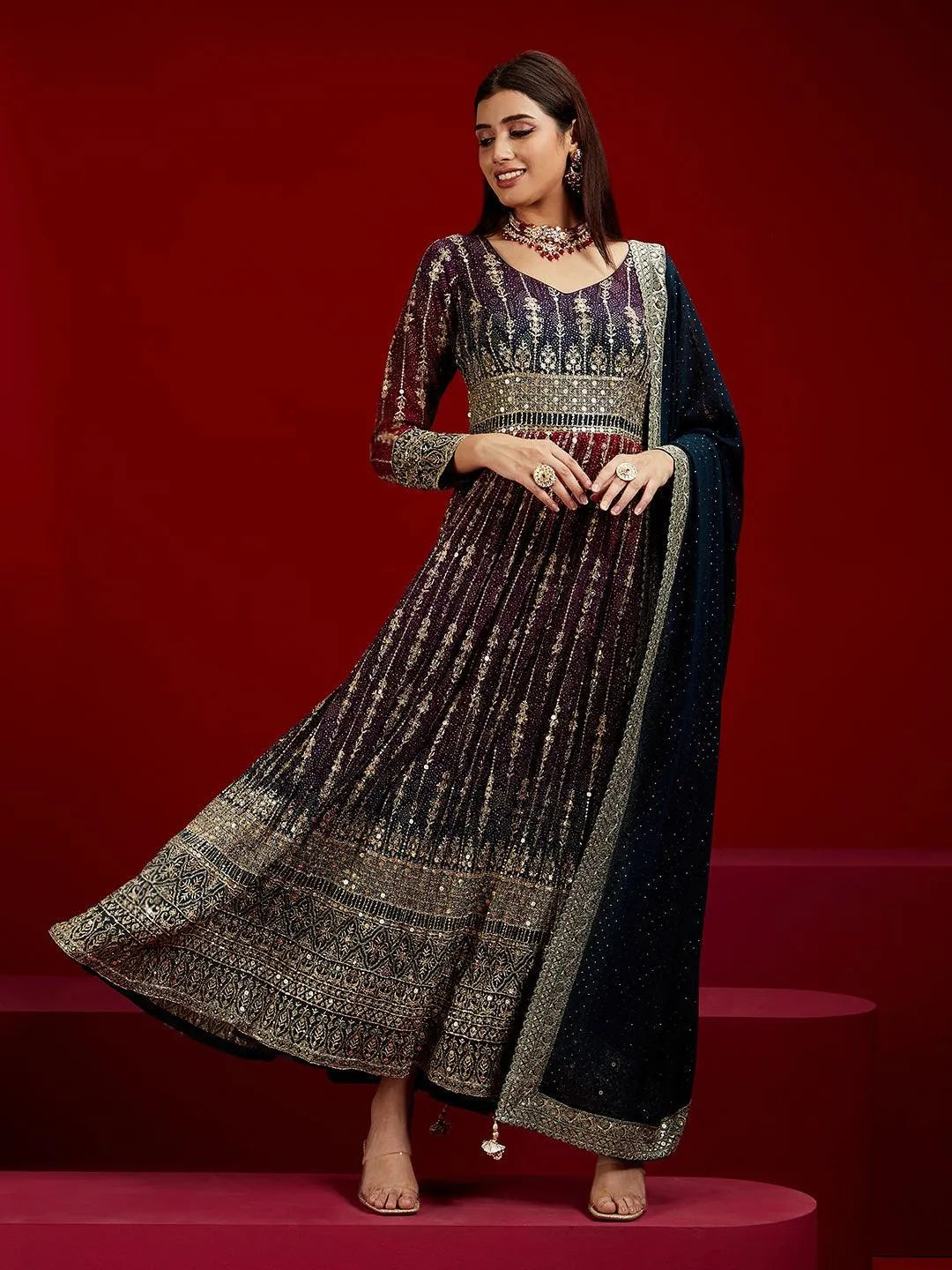Libas Art Multicoloured Embroidered Georgette A-Line Kurta With Trousers & Dupatta - Libas 