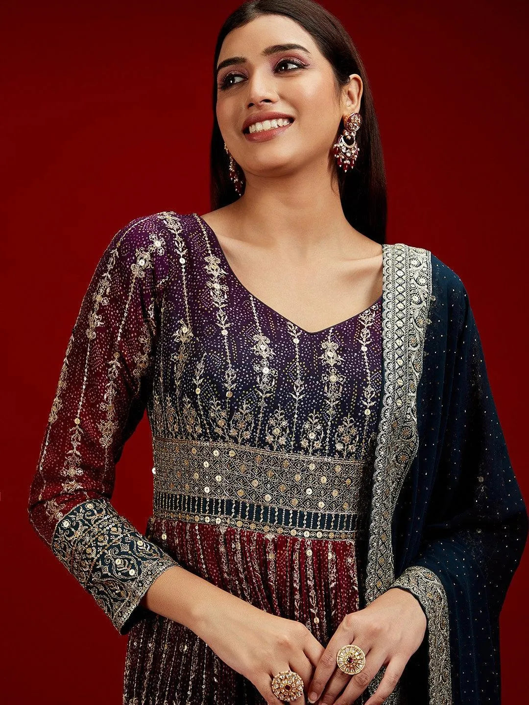 Libas Art Multicoloured Embroidered Georgette A-Line Kurta With Trousers & Dupatta - Libas 