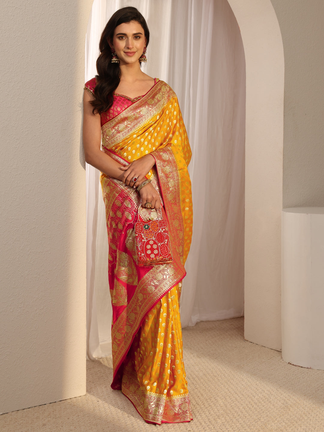  Libas Art Mustard Banarasi Satin Saree With Unstitched Blouse Piece 