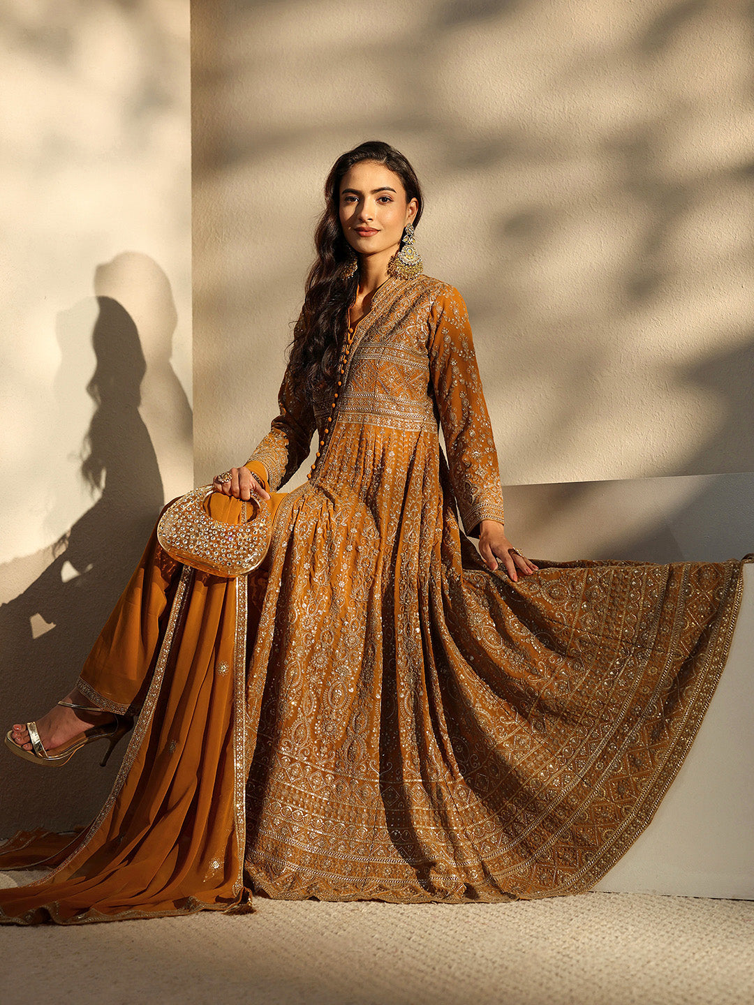 Libas Art Mustard Embellished Georgette A-Line Suit Set With Dupatta-image-13