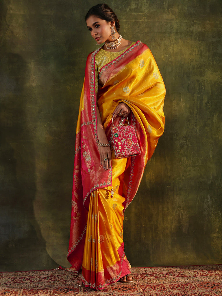 Libas Art Mustard Embellished Silk Blend Saree With Unstitched Blouse Piece