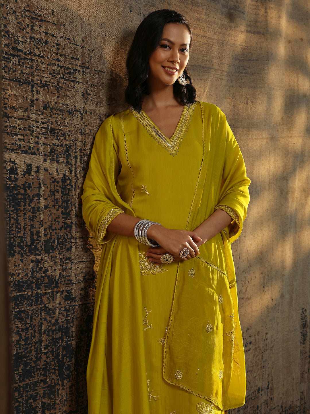 Libas Art Mustard Embellished Silk Blend Straight Suit Set With Dupatta