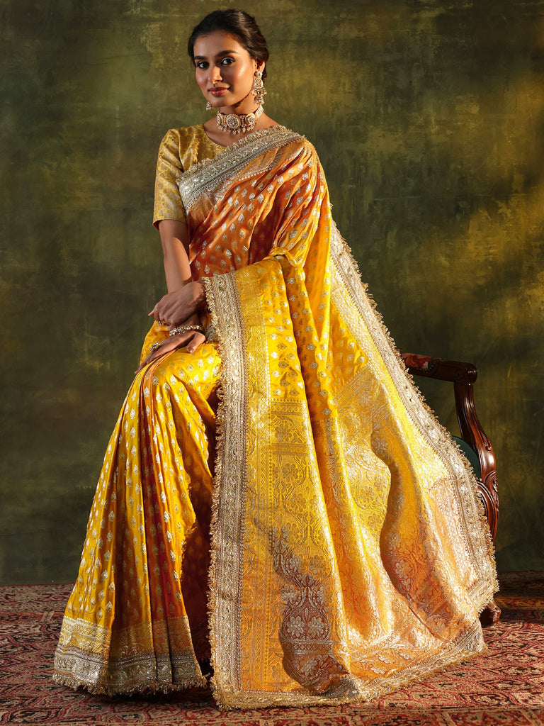 Libas Art Mustard Embellished Woven Design Silk Blend Saree With Unstitched Blouse Piece