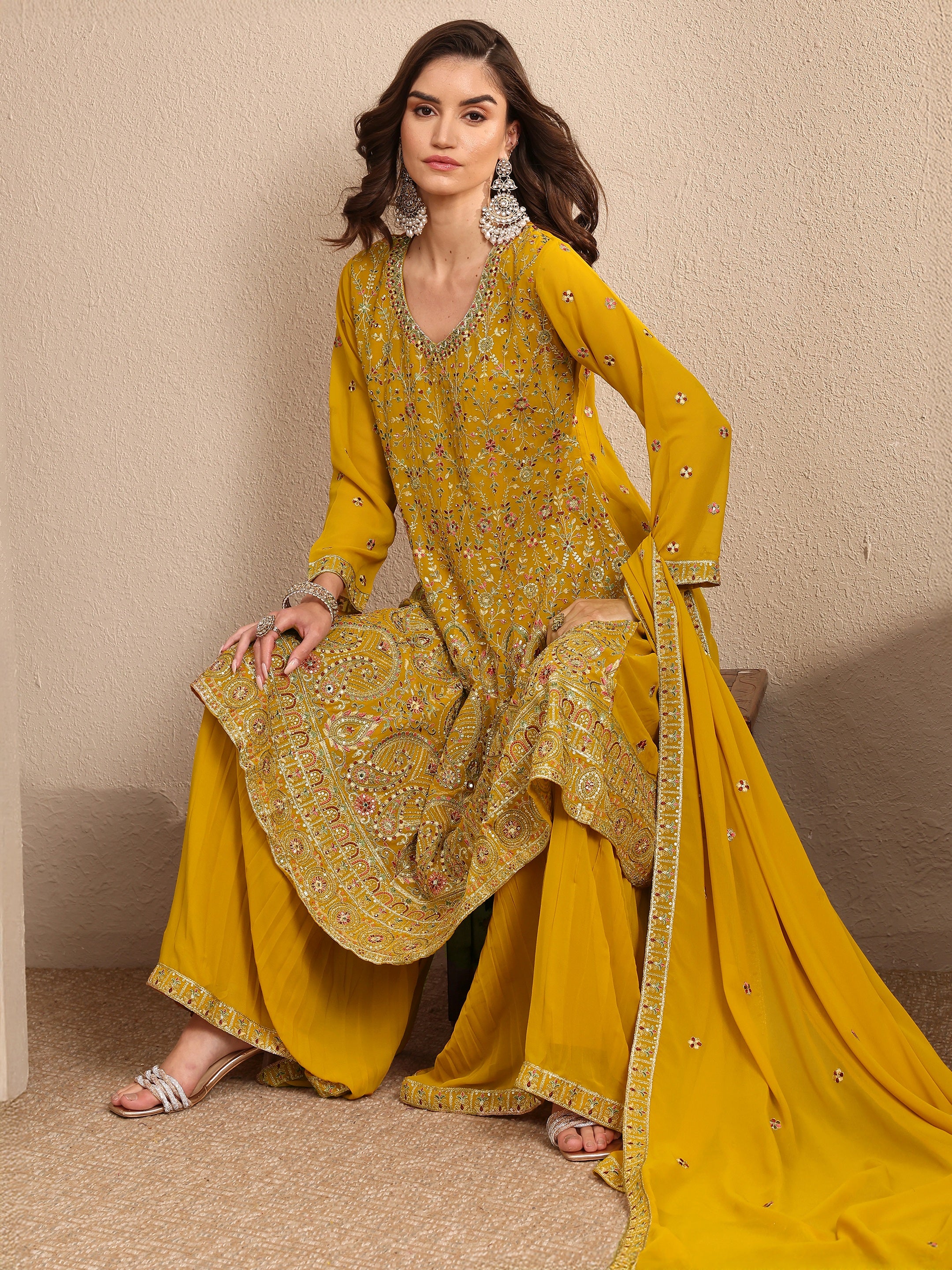 Libas Art Mustard Embroidered Georgette A-line Suit Set With Dupatta-picture-29