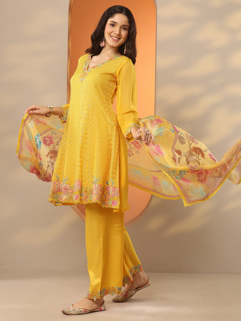 Libas Mustard Embroidered Organza A-Line Suit Set With Dupatta