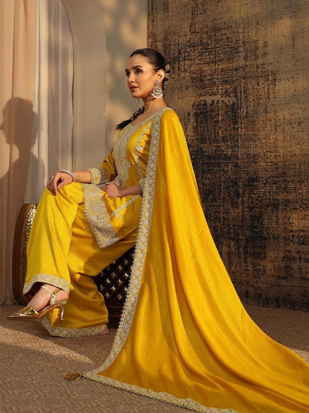  Libas Art Mustard Embroidered Organza Straight Suit Set With Dupatta 