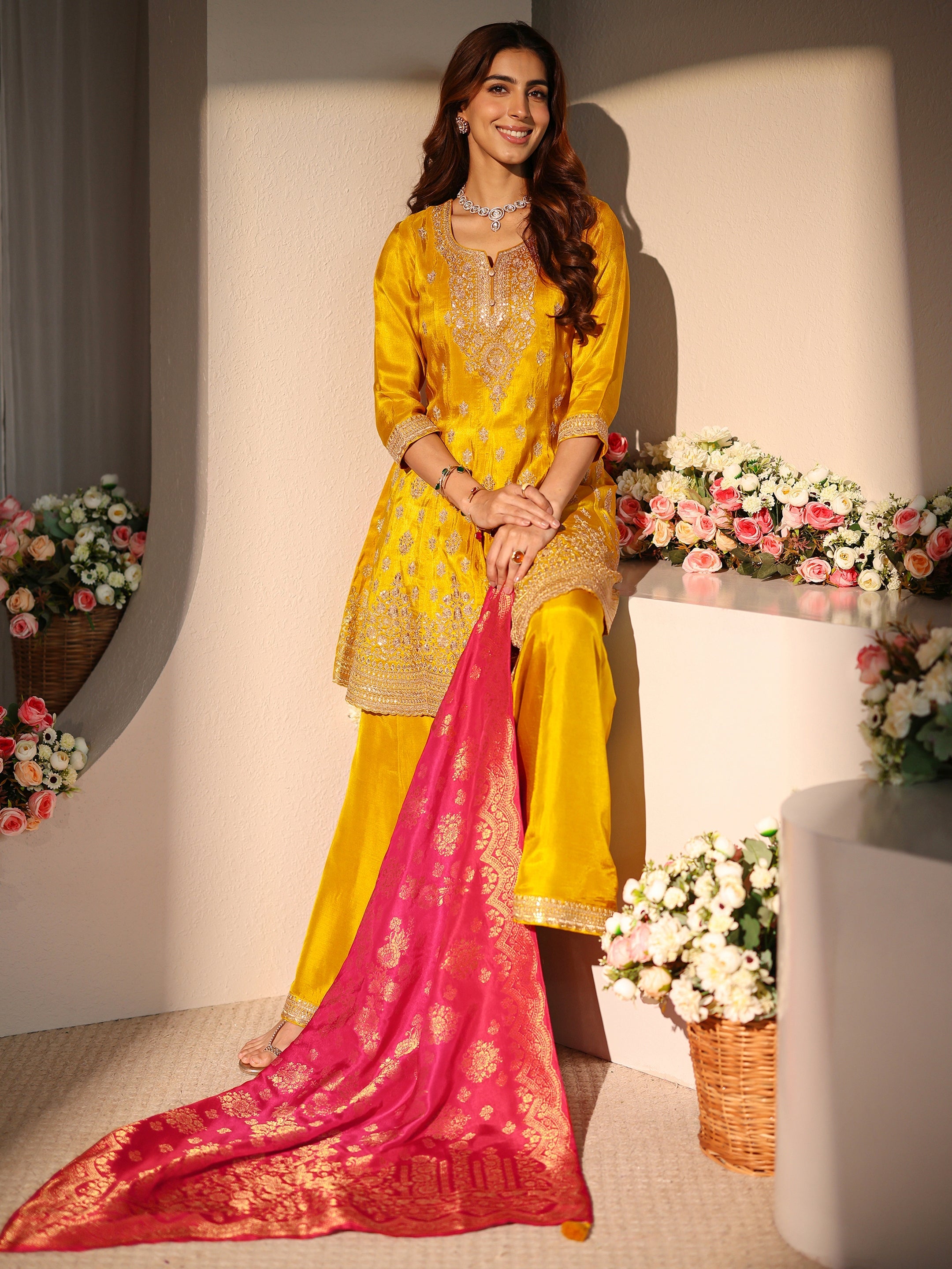 Libas Art Mustard Embroidered Silk Blend A-Line Suit Set With Printed Dupatta-image-4
