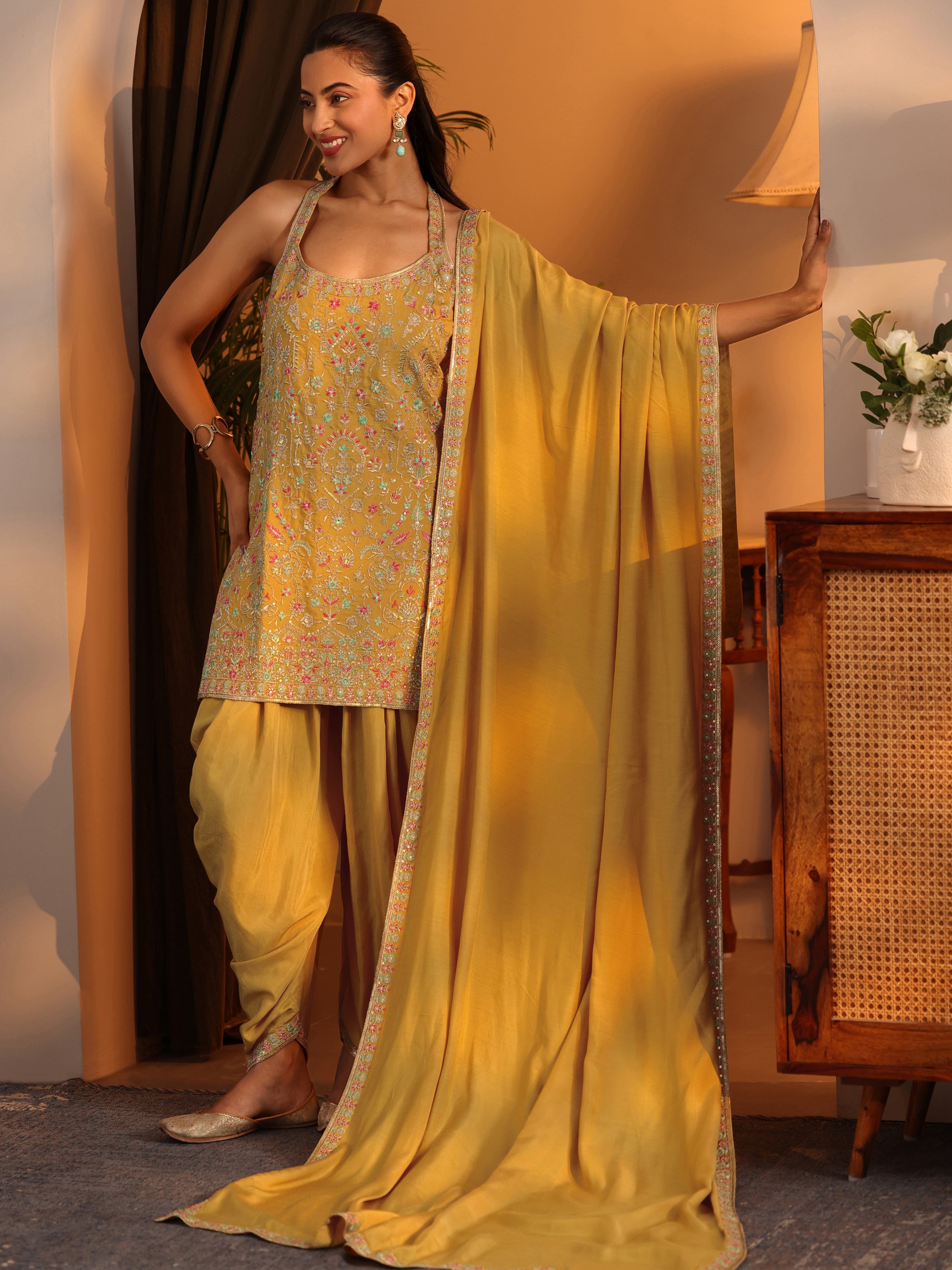 Libas Art Mustard Embroidered Silk Blend Straight Suit Set With Dupatta-picture-30
