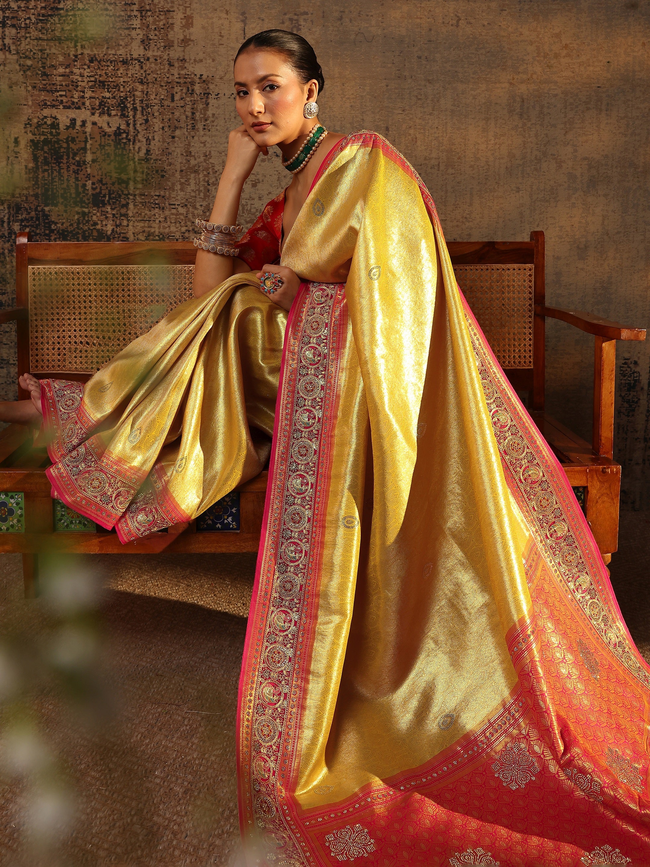 Libas Art Mustard Ethnic Motifs Woven Design Silk Blend Saree With Unstitched Blouse Piece-picture-27