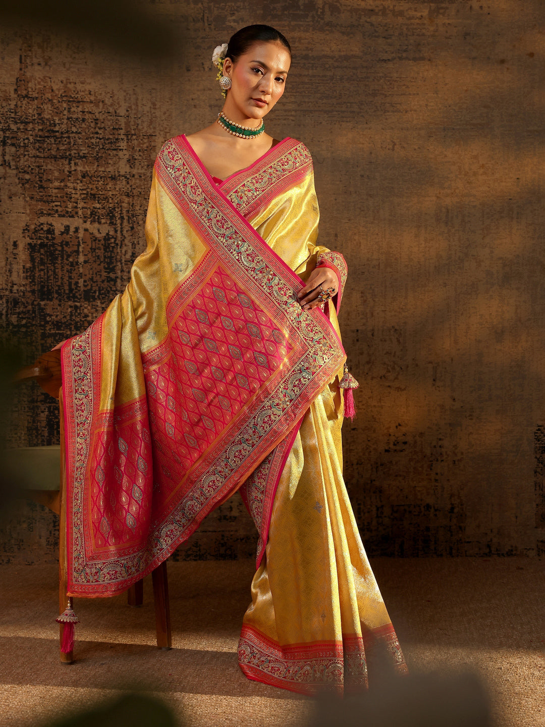  Libas Art Mustard Ethnic Motifs Woven Design Silk Blend Saree With Unstitched Blouse Piece 