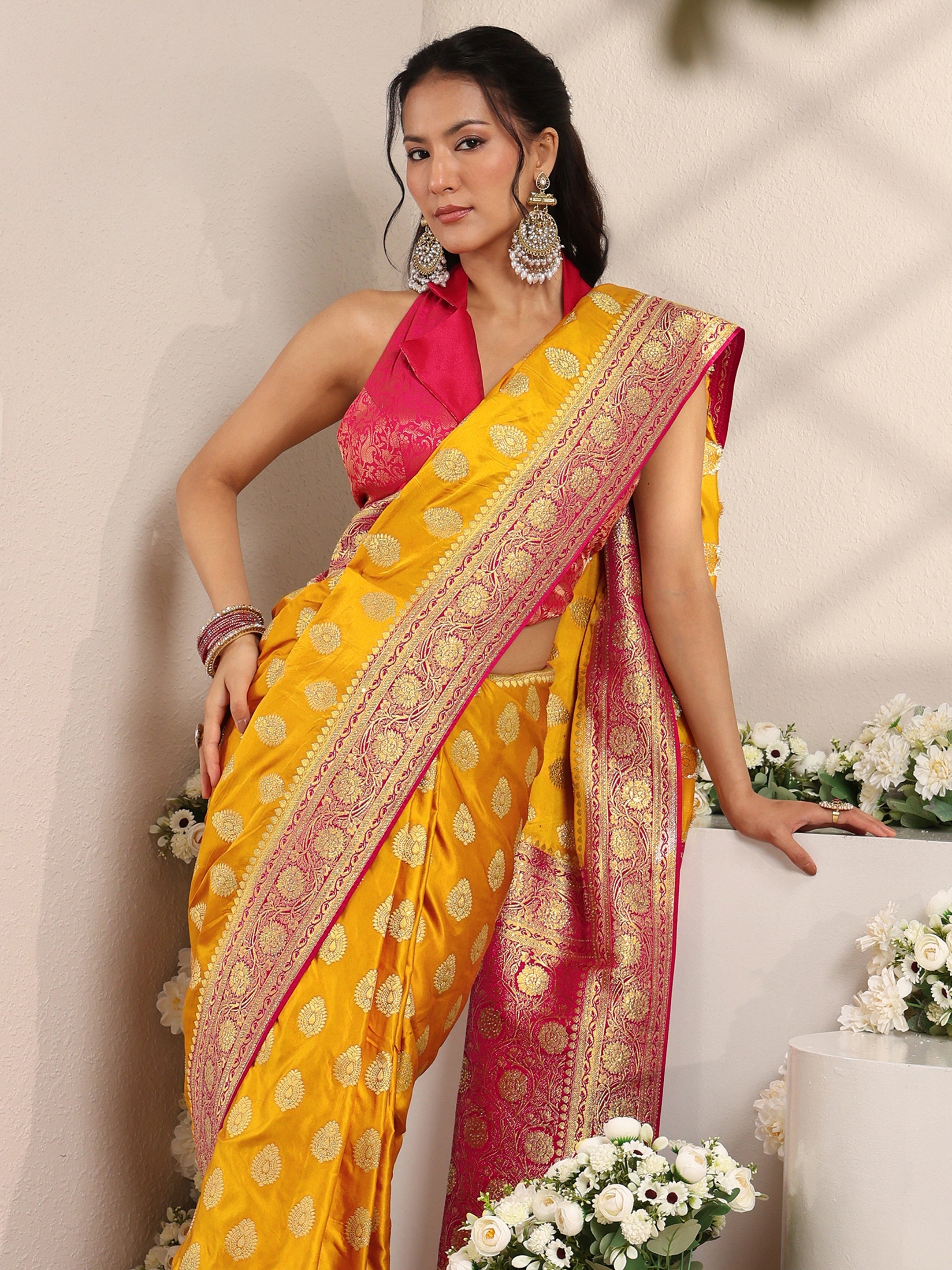 Libas Art Mustard Ethnic Woven Design Satin Saree With Unstitched Blouse Piece-picture-50