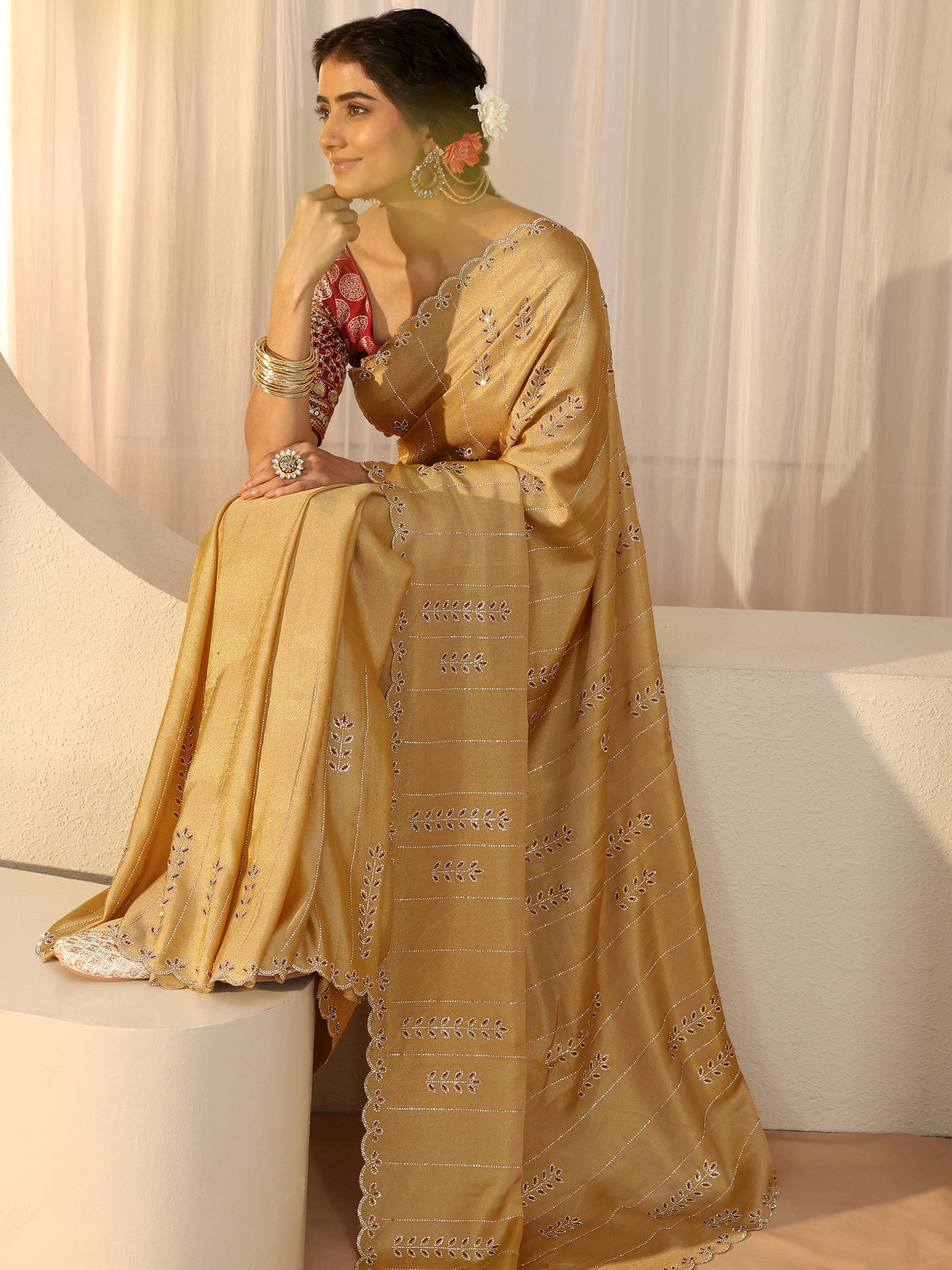 Libas Art Mustard Floral Embellished Satin Saree-picture-14