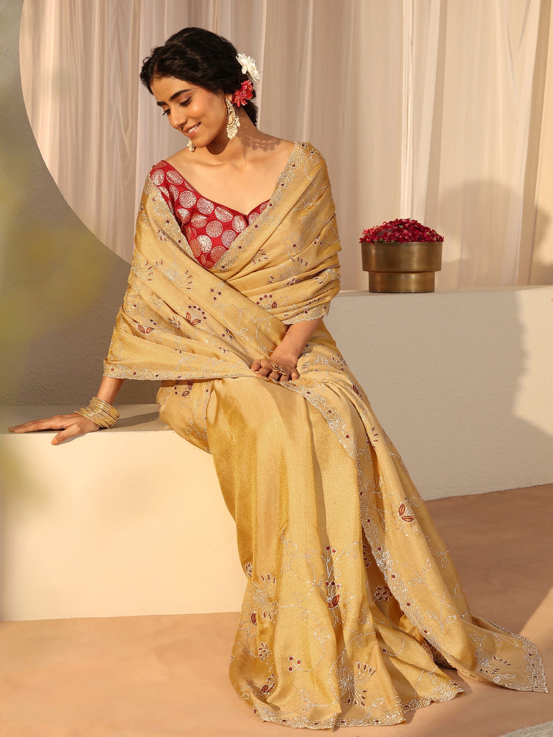 Libas Art Mustard Floral Embellished Satin Saree-picture-24