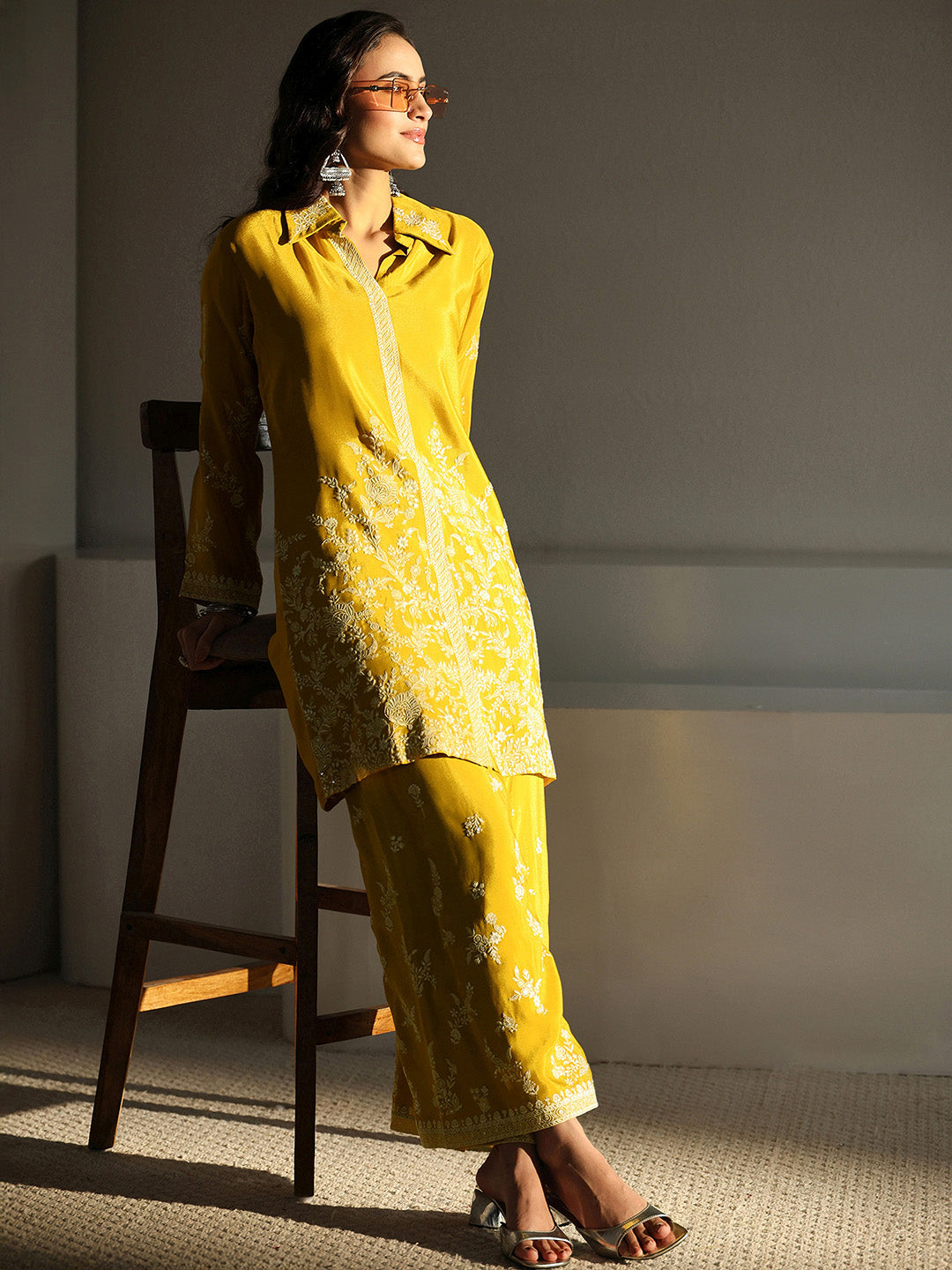 Libas Art Mustard Floral Embroidered Chinon Co-Ord Set-picture-36