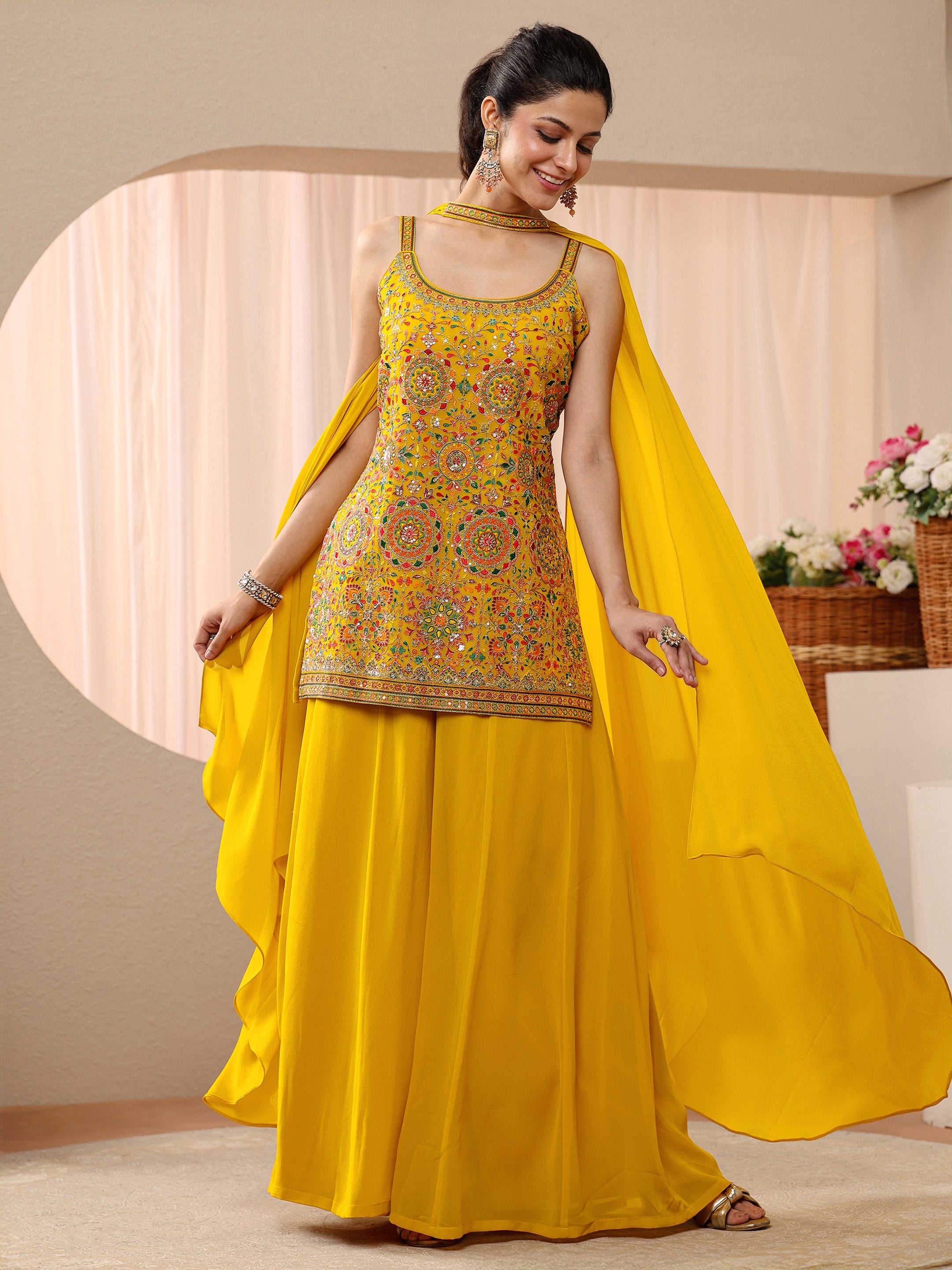 Libas Art Mustard Floral Embroidered Georgette Palazzo Suit Set-picture-21