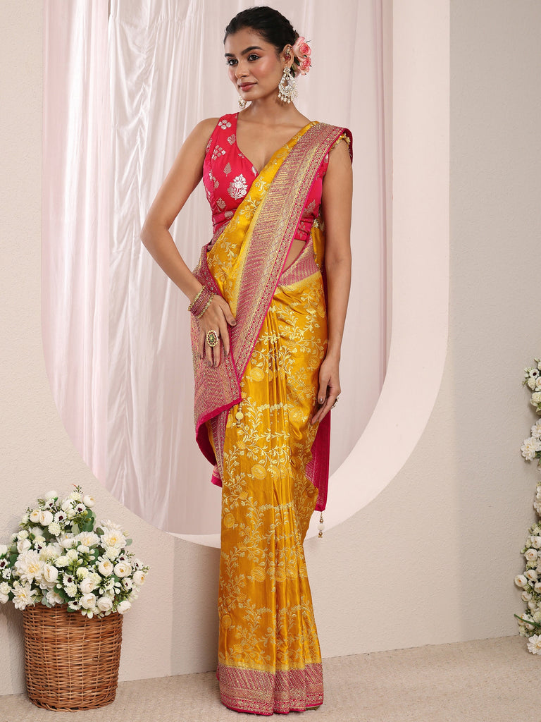 Libas Art Mustard Floral Woven Design Satin Saree With Unstitched Blouse Piece