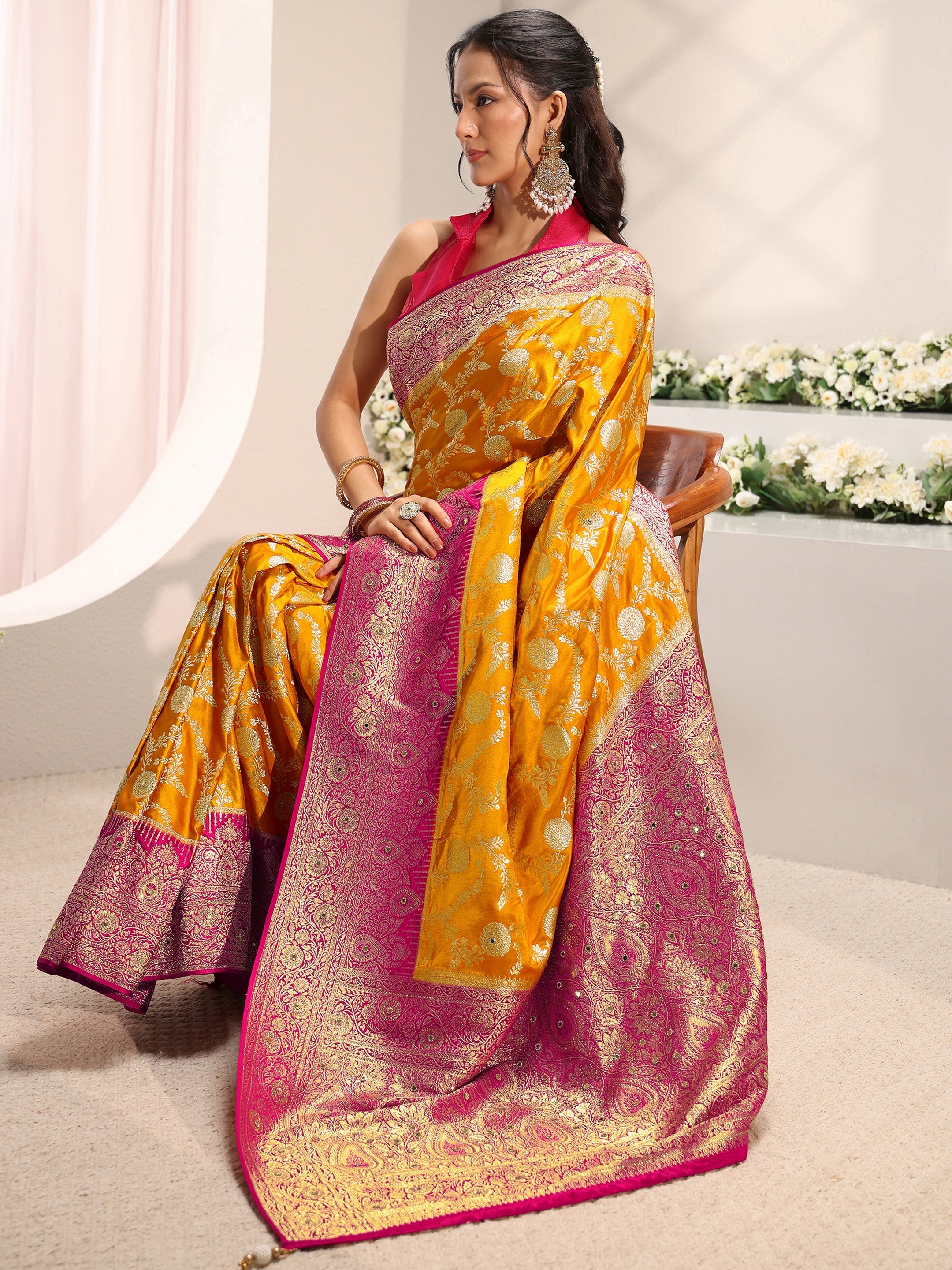 Libas Art Mustard Floral Woven Design Satin Saree With Unstitched Blouse Piece-picture-39
