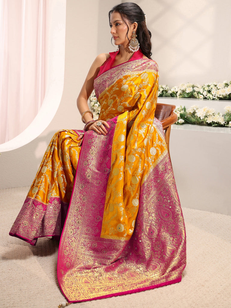 Libas Art Mustard Floral Woven Design Satin Saree With Unstitched Blouse Piece