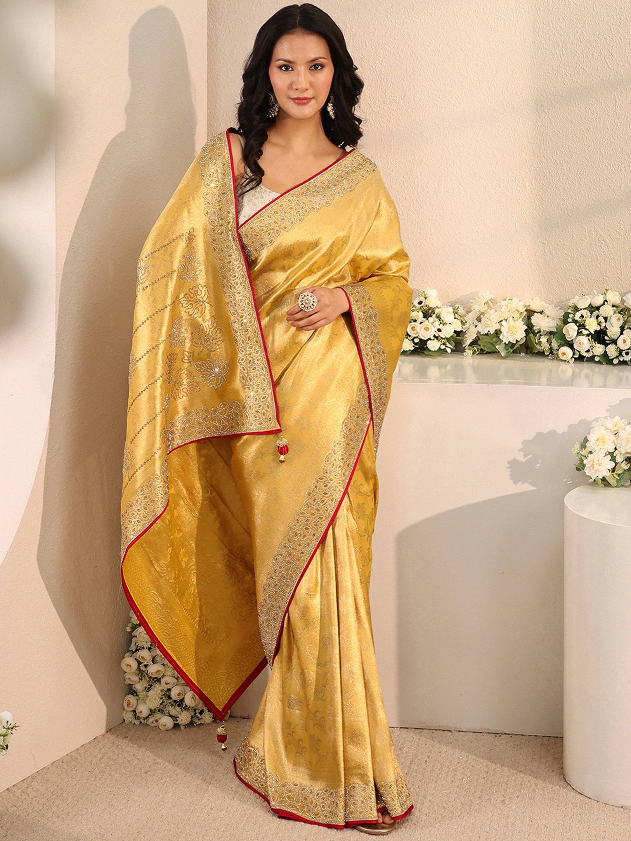Libas Art Mustard Floral Woven Design Silk Blend Saree With Unstitched Blouse Piece-picture-38