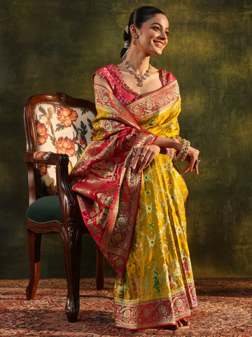 Libas Art Mustard Gharchola Woven Design Satin Saree With Unstitched Blouse Piece