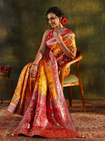Libas Art Mustard Gharchola Woven Design Satin Saree With Unstitched Blouse Piece
