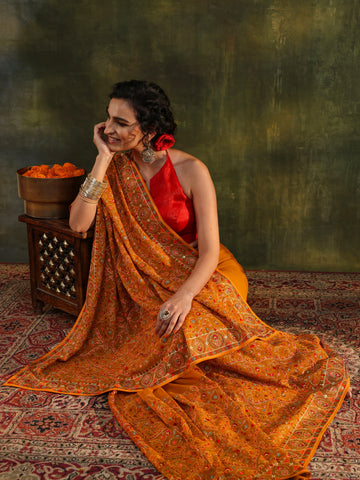 Libas Art Mustard Jamawar Embroidered Georgette Saree With Unstitched Blouse Piece