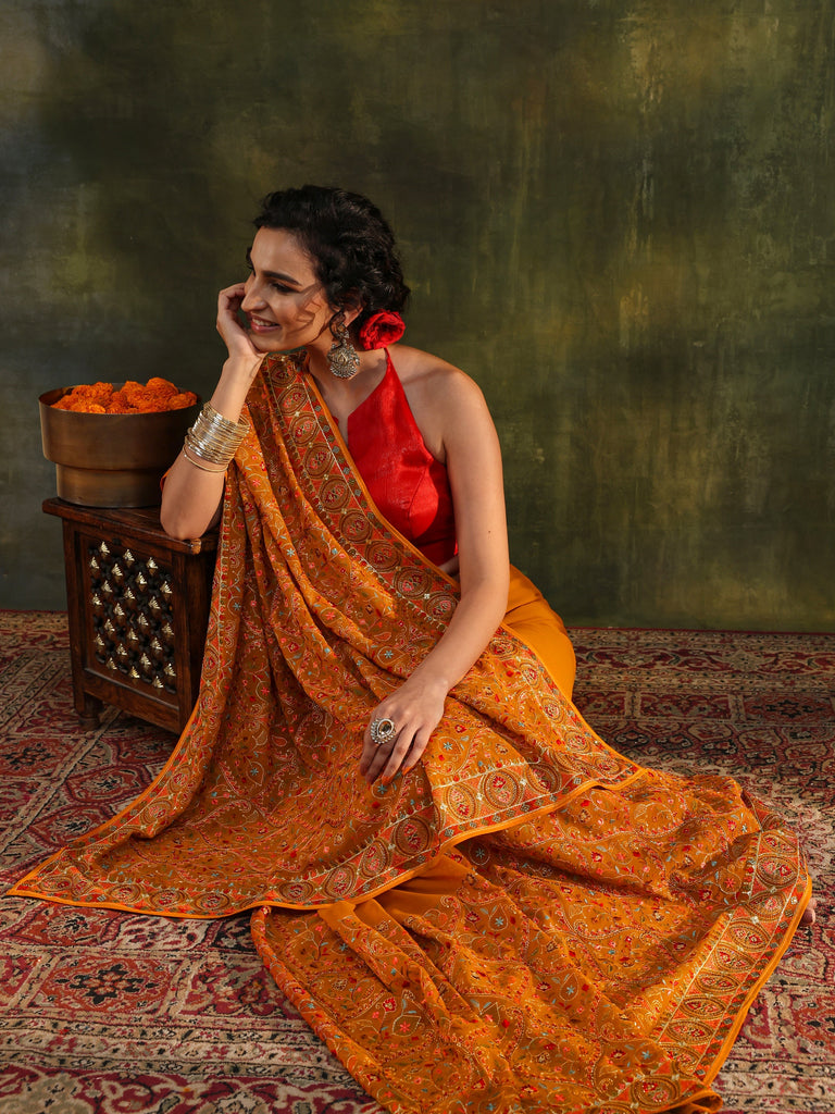 Libas Art Mustard Jamawar Embroidered Georgette Saree With Unstitched Blouse Piece