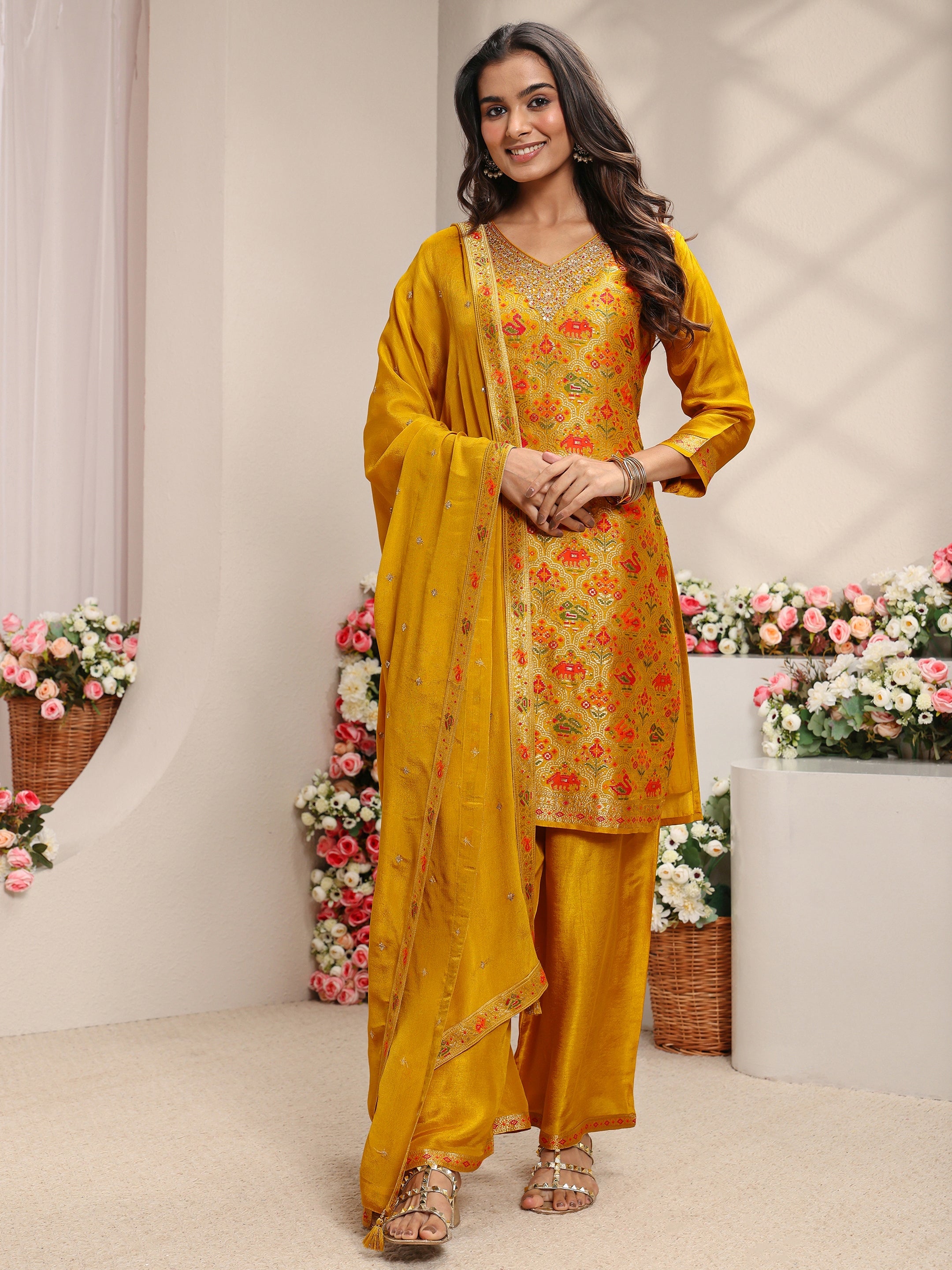 Libas Art Mustard Patola Woven Design Silk Blend Straight Suit Set With Dupatta-picture-37